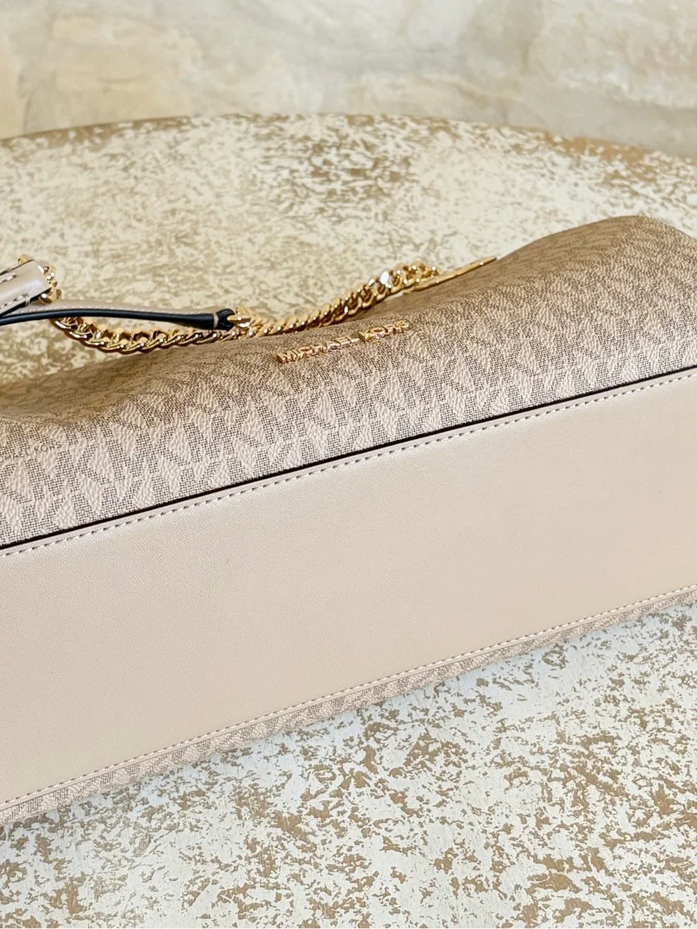 Michael Kors Beige Signature MK Chain-Handle Shoulder Bag